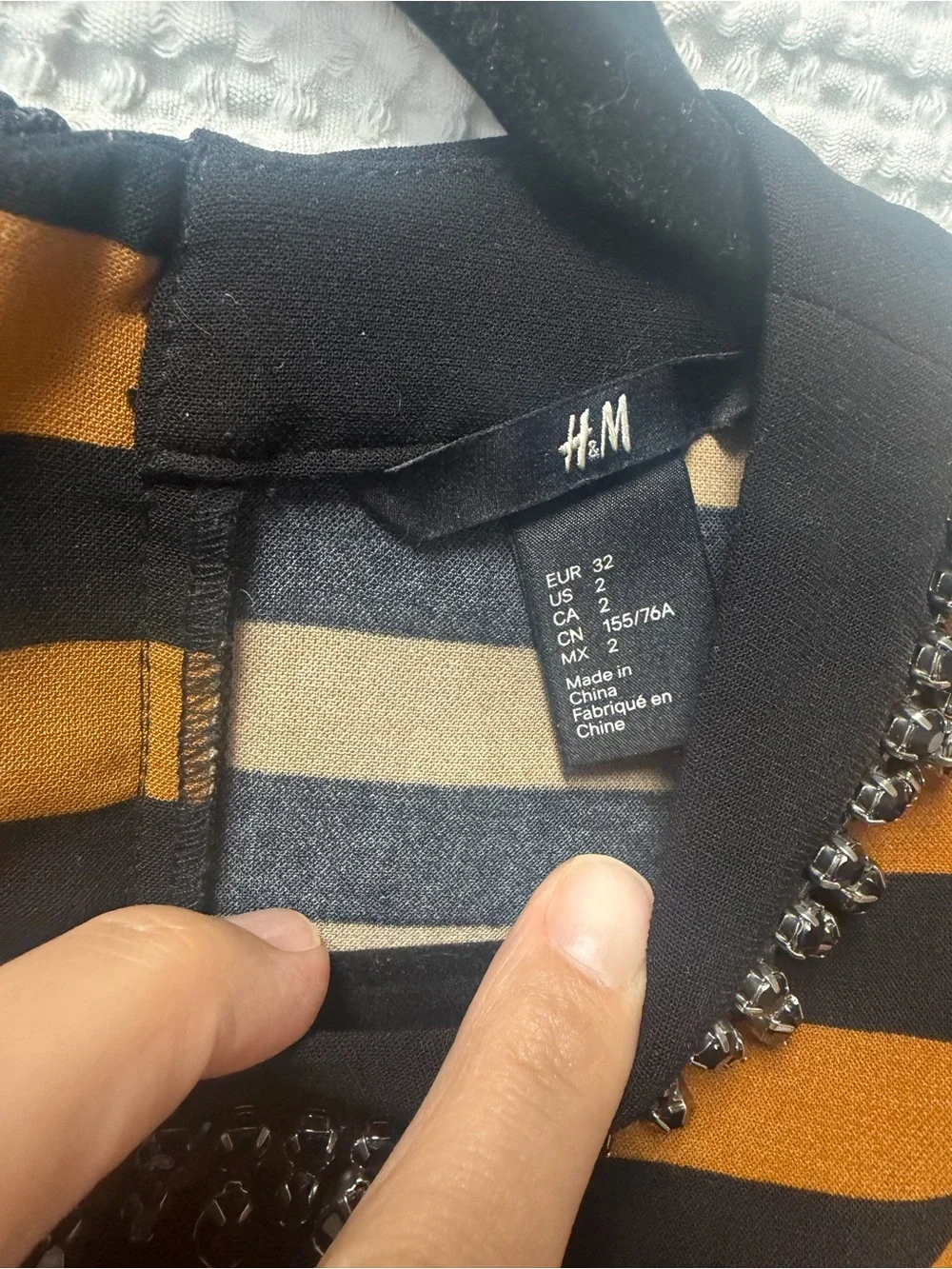 H&M size 2 Black & Brown Striped Short-Sleeve Top with Beaded Neckline - Picture 5 of 5